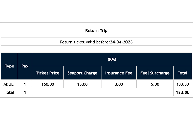 Return ferry ticket price as of January 10th 2026 Image